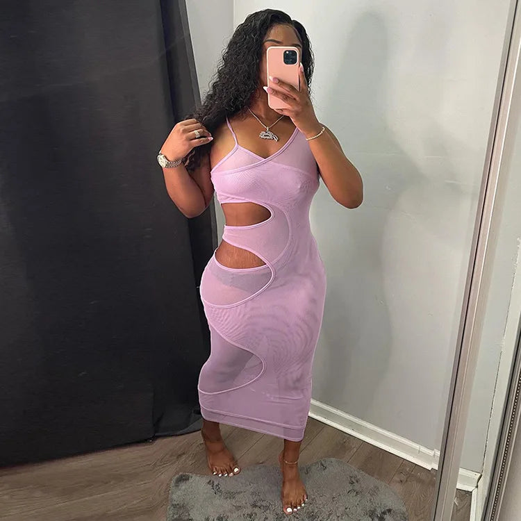 BKLD Bodycon Dress 2025 Summer Clothes For Women New Solid Color Spaghetti Strap V-Neck Sexy Club Outfits Hollow Out Midi Dress