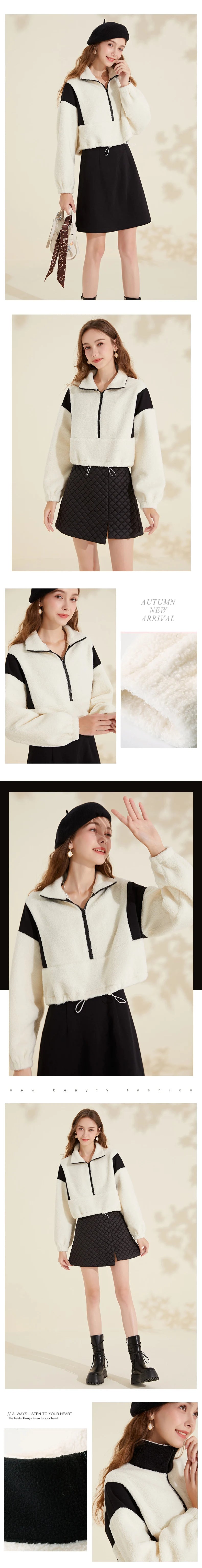 ARTKA 2021 Winter New Women Sweatshirt Fashion Casual Stand Collar Warm Lambswool Sweatshirt Thicken White Sweatshirts WA20210D