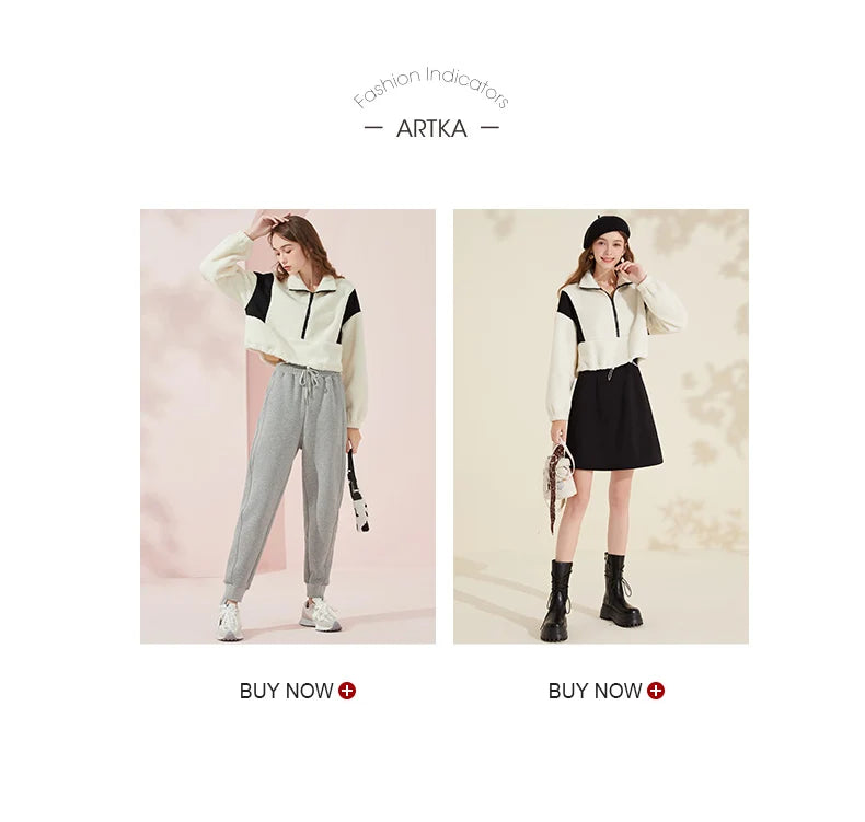 ARTKA 2021 Winter New Women Sweatshirt Fashion Casual Stand Collar Warm Lambswool Sweatshirt Thicken White Sweatshirts WA20210D