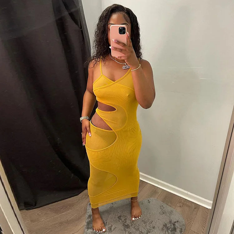 BKLD Bodycon Dress 2025 Summer Clothes For Women New Solid Color Spaghetti Strap V-Neck Sexy Club Outfits Hollow Out Midi Dress