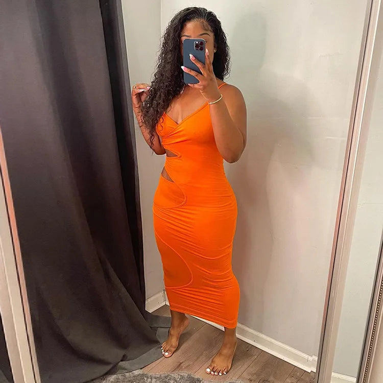 BKLD Bodycon Dress 2025 Summer Clothes For Women New Solid Color Spaghetti Strap V-Neck Sexy Club Outfits Hollow Out Midi Dress