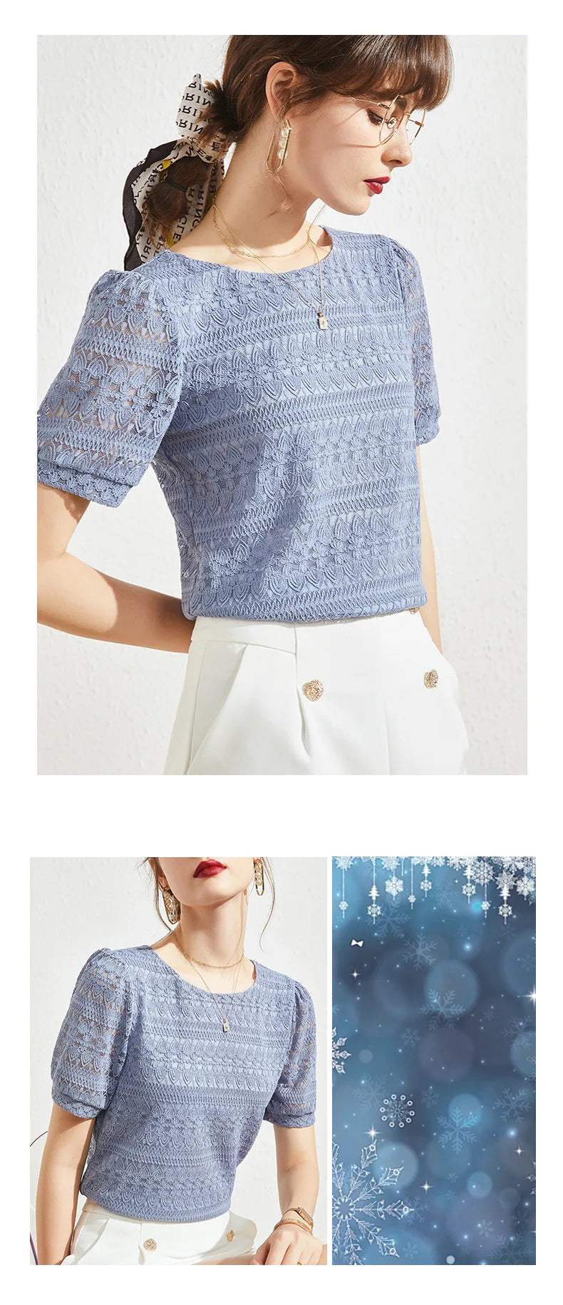 2023 Summer New Style Lace Shirt Women's Western Style Small Shirt Women Short-sleeved French Puff Sleeve Round Neck Top Women