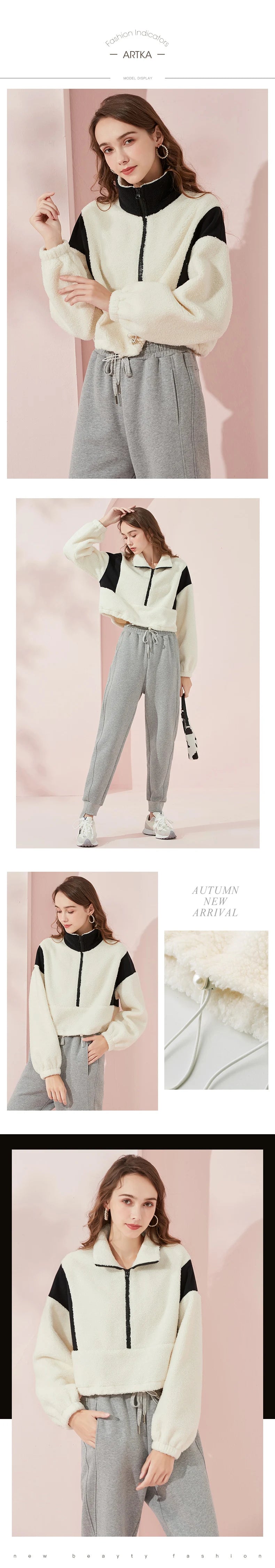 ARTKA 2021 Winter New Women Sweatshirt Fashion Casual Stand Collar Warm Lambswool Sweatshirt Thicken White Sweatshirts WA20210D