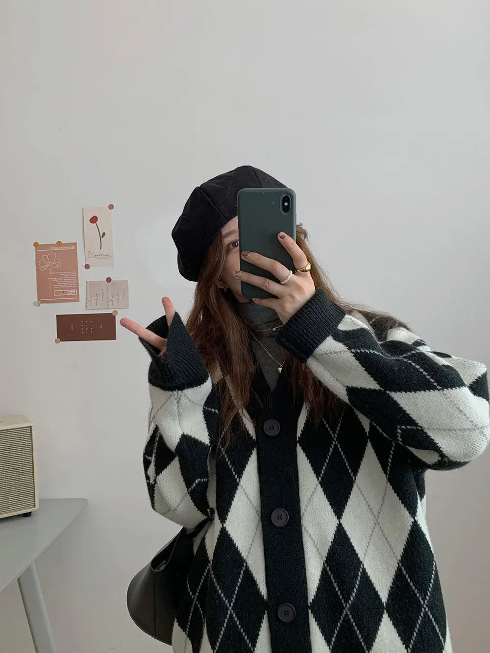 Argyle Cardigan Women Knitted Sweater Loose Single Breasted Students V-neck Lovely Knitwear Korean Oversize Cardigan Winter Tops