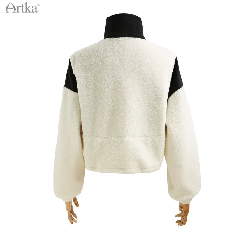 ARTKA 2021 Winter New Women Sweatshirt Fashion Casual Stand Collar Warm Lambswool Sweatshirt Thicken White Sweatshirts WA20210D