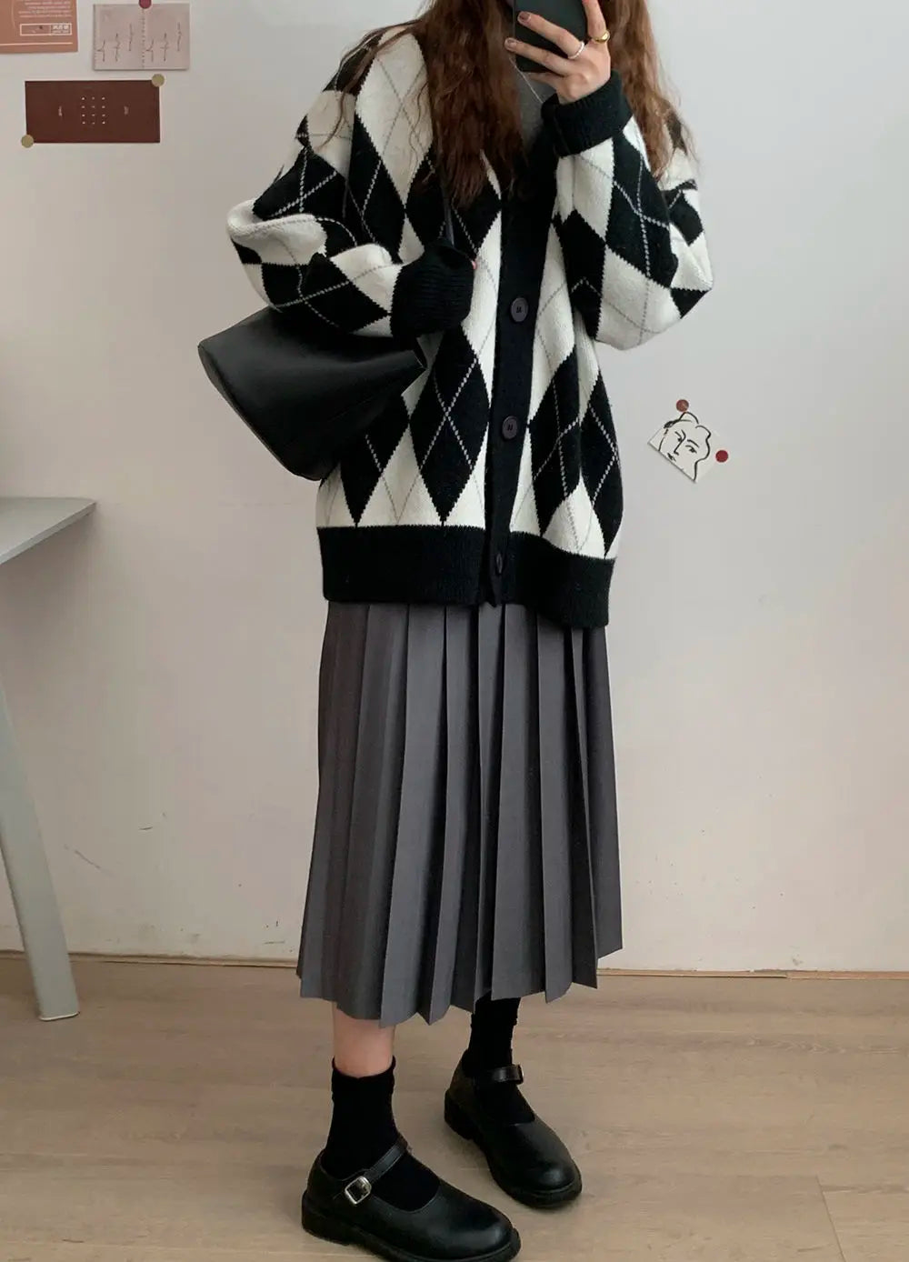 Argyle Cardigan Women Knitted Sweater Loose Single Breasted Students V-neck Lovely Knitwear Korean Oversize Cardigan Winter Tops