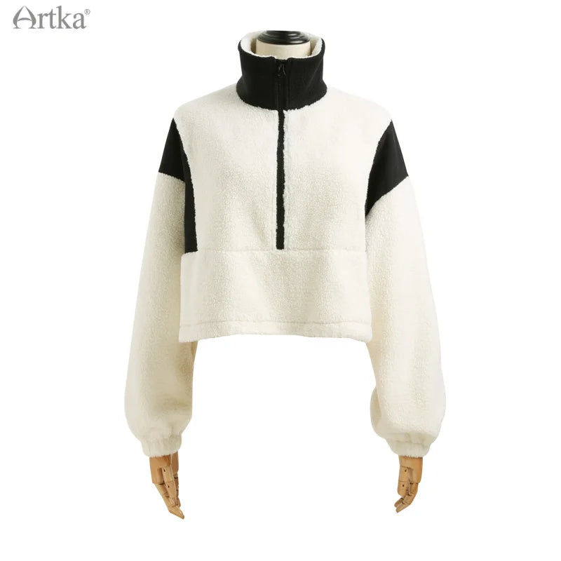 ARTKA 2021 Winter New Women Sweatshirt Fashion Casual Stand Collar Warm Lambswool Sweatshirt Thicken White Sweatshirts WA20210D