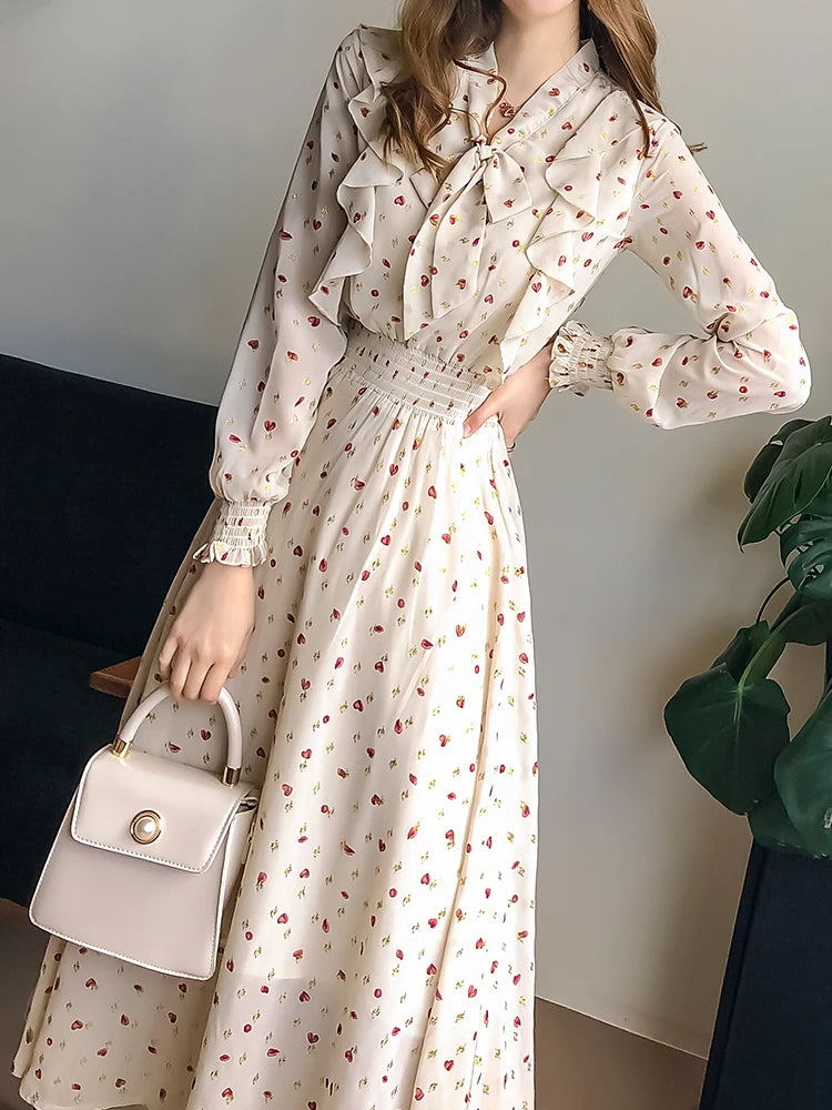 2021 Autumn Dress Women V Neck Bow Tie Chiffon Floral Dresses Elegant French Style Slim Waist Hearts Printed Long Sleeve Dresses