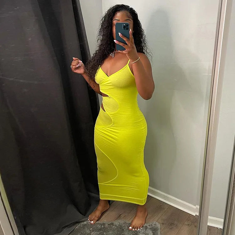 BKLD Bodycon Dress 2025 Summer Clothes For Women New Solid Color Spaghetti Strap V-Neck Sexy Club Outfits Hollow Out Midi Dress