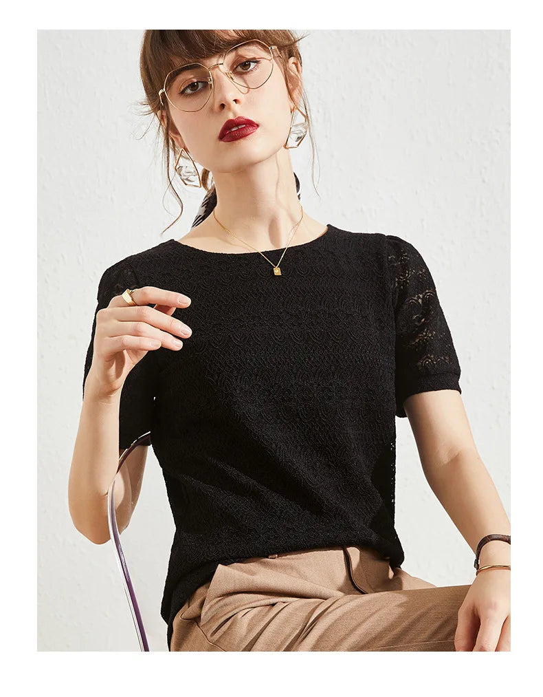 2023 Summer New Style Lace Shirt Women's Western Style Small Shirt Women Short-sleeved French Puff Sleeve Round Neck Top Women