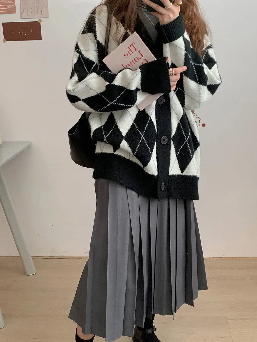 Argyle Cardigan Women Knitted Sweater Loose Single Breasted Students V-neck Lovely Knitwear Korean Oversize Cardigan Winter Tops