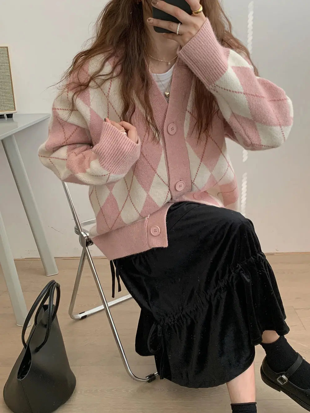 Argyle Cardigan Women Knitted Sweater Loose Single Breasted Students V-neck Lovely Knitwear Korean Oversize Cardigan Winter Tops