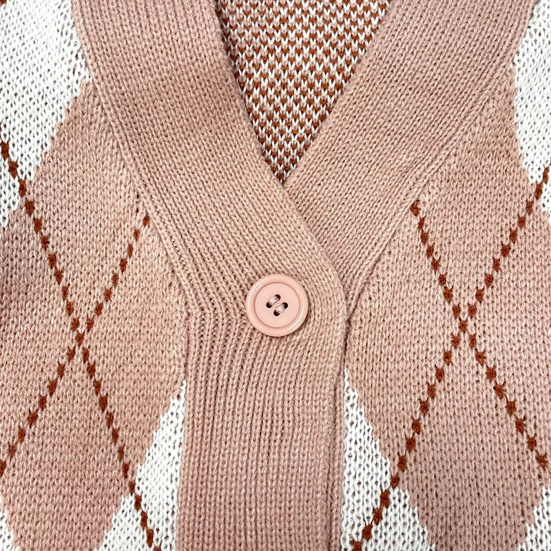 Argyle Cardigan Women Knitted Sweater Loose Single Breasted Students V-neck Lovely Knitwear Korean Oversize Cardigan Winter Tops