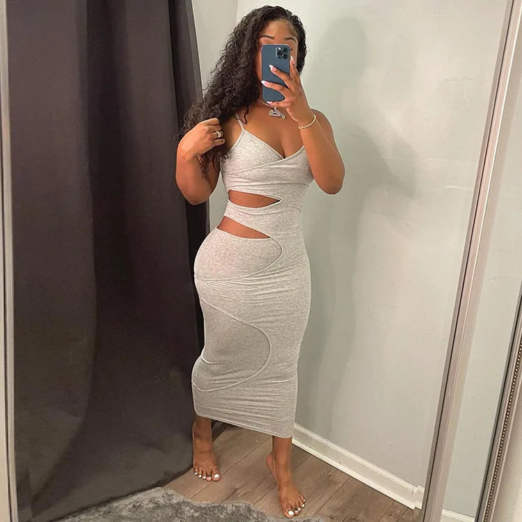 BKLD Bodycon Dress 2025 Summer Clothes For Women New Solid Color Spaghetti Strap V-Neck Sexy Club Outfits Hollow Out Midi Dress