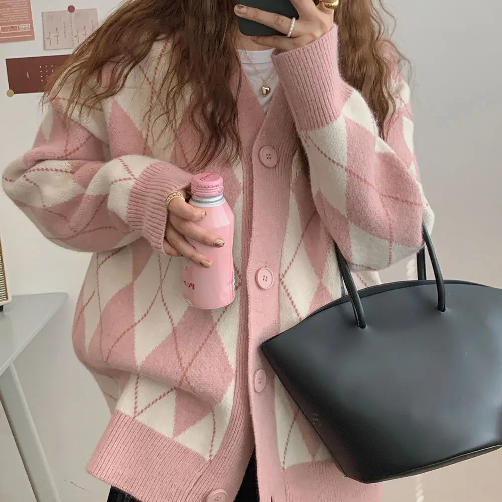 Argyle Cardigan Women Knitted Sweater Loose Single Breasted Students V-neck Lovely Knitwear Korean Oversize Cardigan Winter Tops