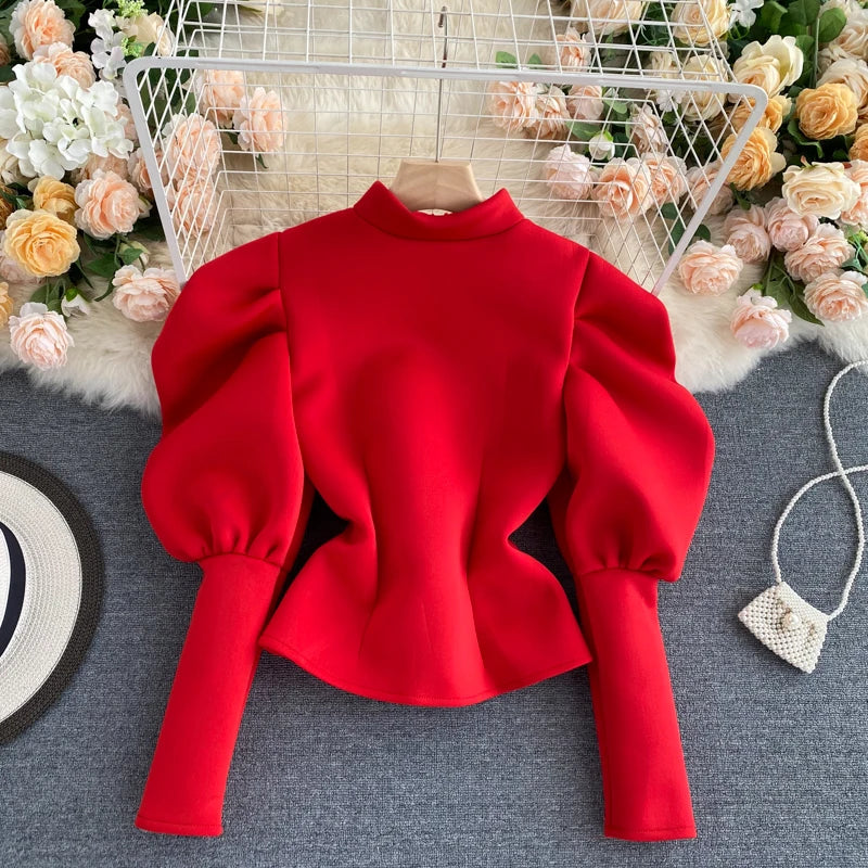 2020 Autumn Winter Women Blouse And Tops Half Turtleneck Puff Long Sleeve Front And Back 2 Ways Wear Slim Fashion Femme Shirts