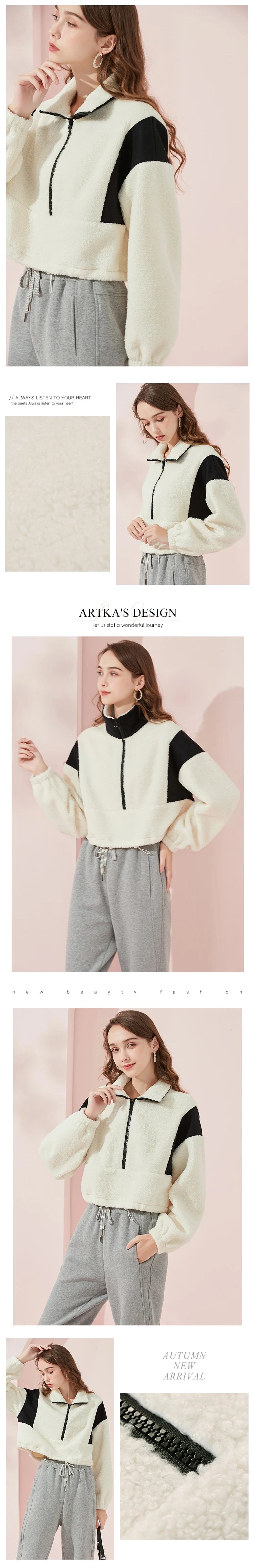 ARTKA 2021 Winter New Women Sweatshirt Fashion Casual Stand Collar Warm Lambswool Sweatshirt Thicken White Sweatshirts WA20210D