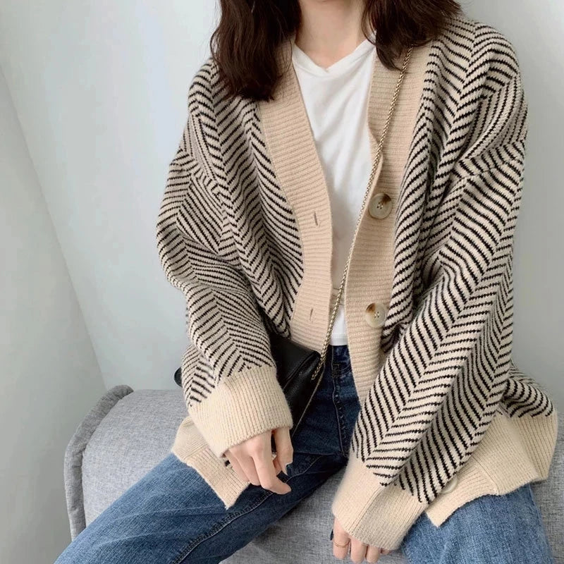 Argyle Cardigan Women Knitted Sweater Loose Single Breasted Students V-neck Lovely Knitwear Korean Oversize Cardigan Winter Tops