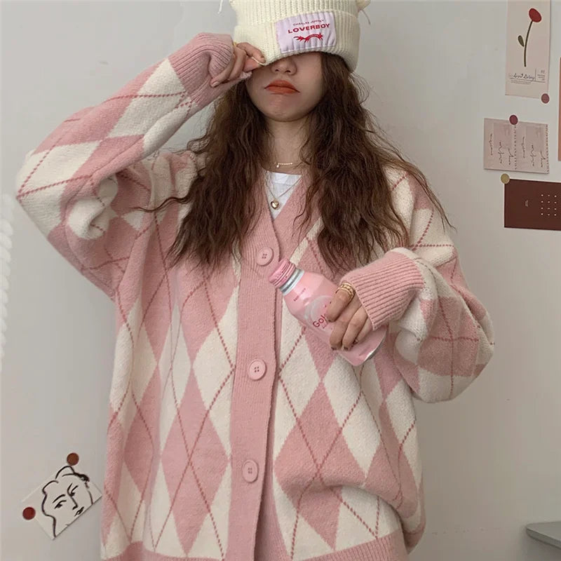 Argyle Cardigan Women Knitted Sweater Loose Single Breasted Students V-neck Lovely Knitwear Korean Oversize Cardigan Winter Tops