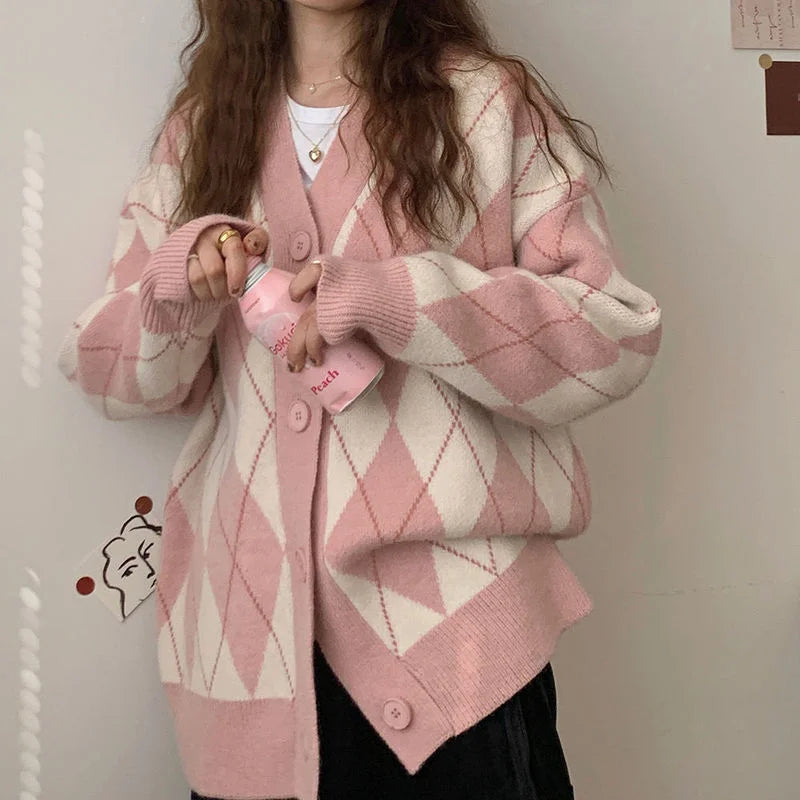 Argyle Cardigan Women Knitted Sweater Loose Single Breasted Students V-neck Lovely Knitwear Korean Oversize Cardigan Winter Tops