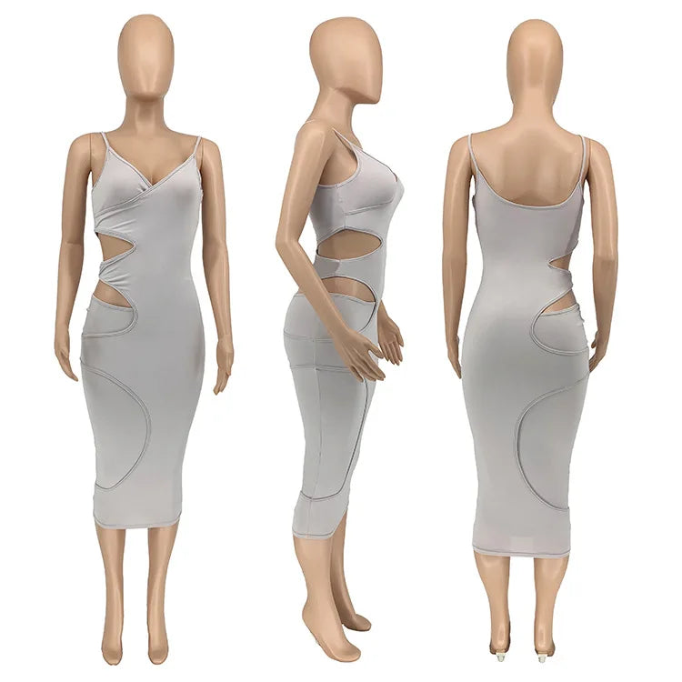 BKLD Bodycon Dress 2025 Summer Clothes For Women New Solid Color Spaghetti Strap V-Neck Sexy Club Outfits Hollow Out Midi Dress