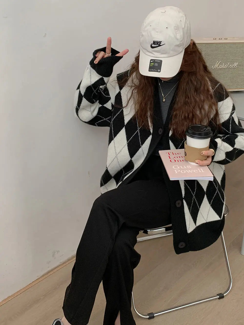 Argyle Cardigan Women Knitted Sweater Loose Single Breasted Students V-neck Lovely Knitwear Korean Oversize Cardigan Winter Tops