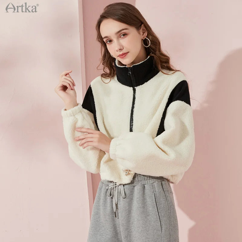 ARTKA 2021 Winter New Women Sweatshirt Fashion Casual Stand Collar Warm Lambswool Sweatshirt Thicken White Sweatshirts WA20210D