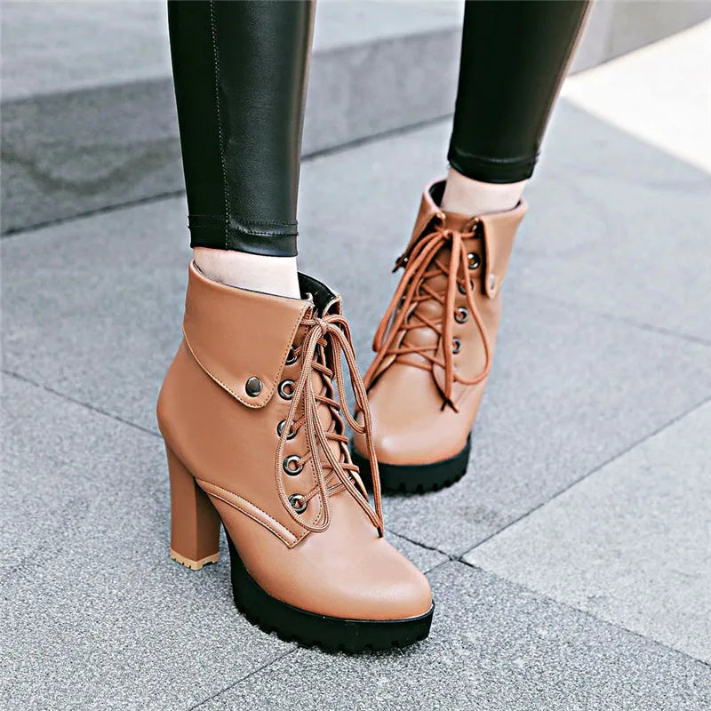 YMECHIC Lace Up Block High Heel Boots Female Platform Cross Tied Large Size Ankle Rock Punk Motorcycle Boots Ladies Winter Shoes