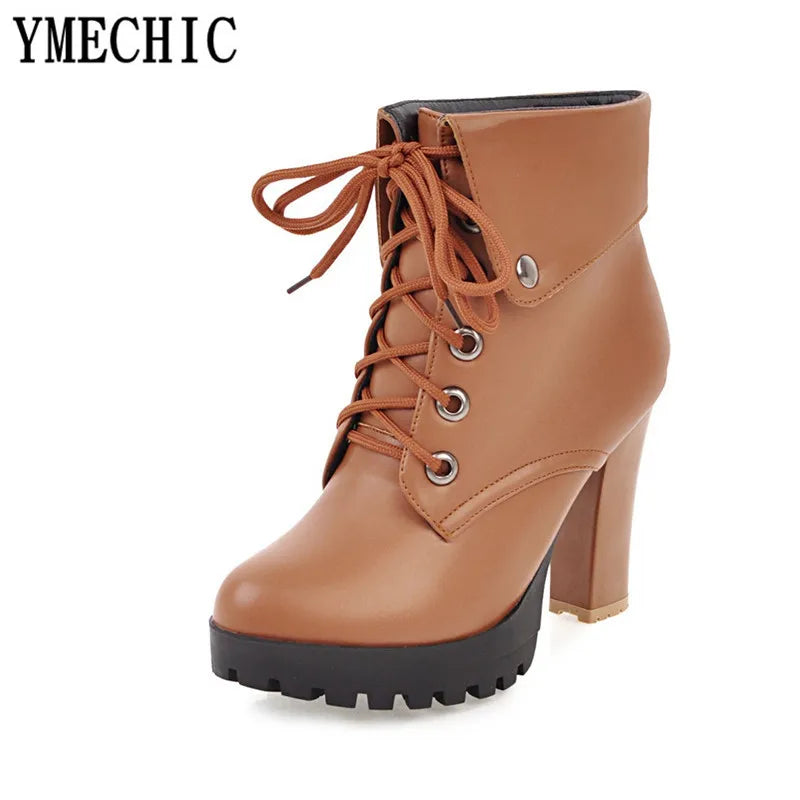 YMECHIC Lace Up Block High Heel Boots Female Platform Cross Tied Large Size Ankle Rock Punk Motorcycle Boots Ladies Winter Shoes