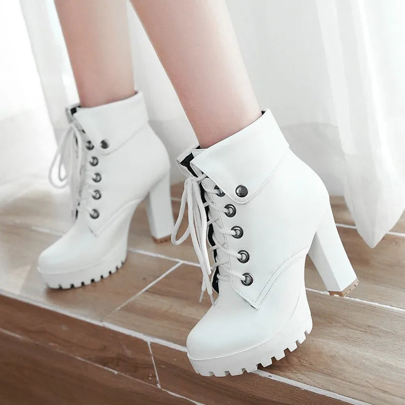 YMECHIC Lace Up Block High Heel Boots Female Platform Cross Tied Large Size Ankle Rock Punk Motorcycle Boots Ladies Winter Shoes