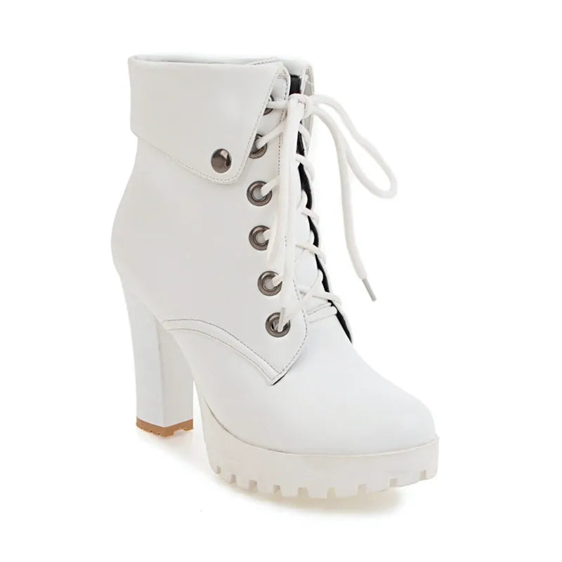 YMECHIC Lace Up Block High Heel Boots Female Platform Cross Tied Large Size Ankle Rock Punk Motorcycle Boots Ladies Winter Shoes