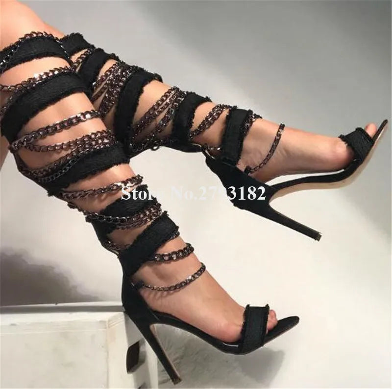 Summer Newest Women Fashion Open Toe Denim Chains Decorated Stiletto Heel Gladiator Boots Cut-out Blue Black High Heel Long Boot