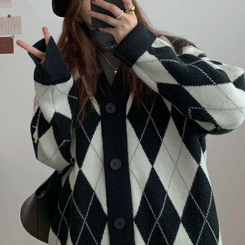 Argyle Cardigan Women Knitted Sweater Loose Single Breasted Students V-neck Lovely Knitwear Korean Oversize Cardigan Winter Tops