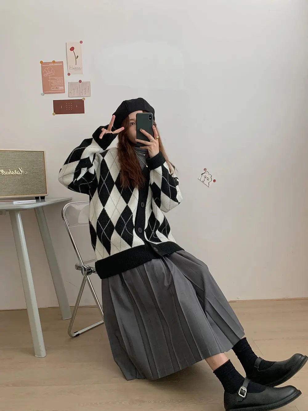 Argyle Cardigan Women Knitted Sweater Loose Single Breasted Students V-neck Lovely Knitwear Korean Oversize Cardigan Winter Tops
