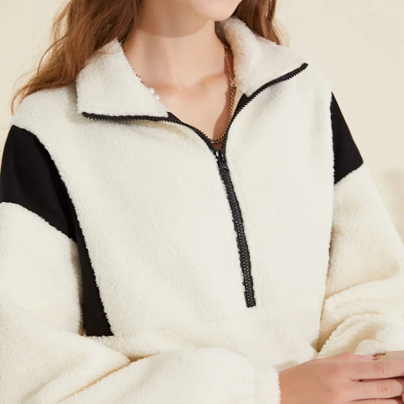 ARTKA 2021 Winter New Women Sweatshirt Fashion Casual Stand Collar Warm Lambswool Sweatshirt Thicken White Sweatshirts WA20210D