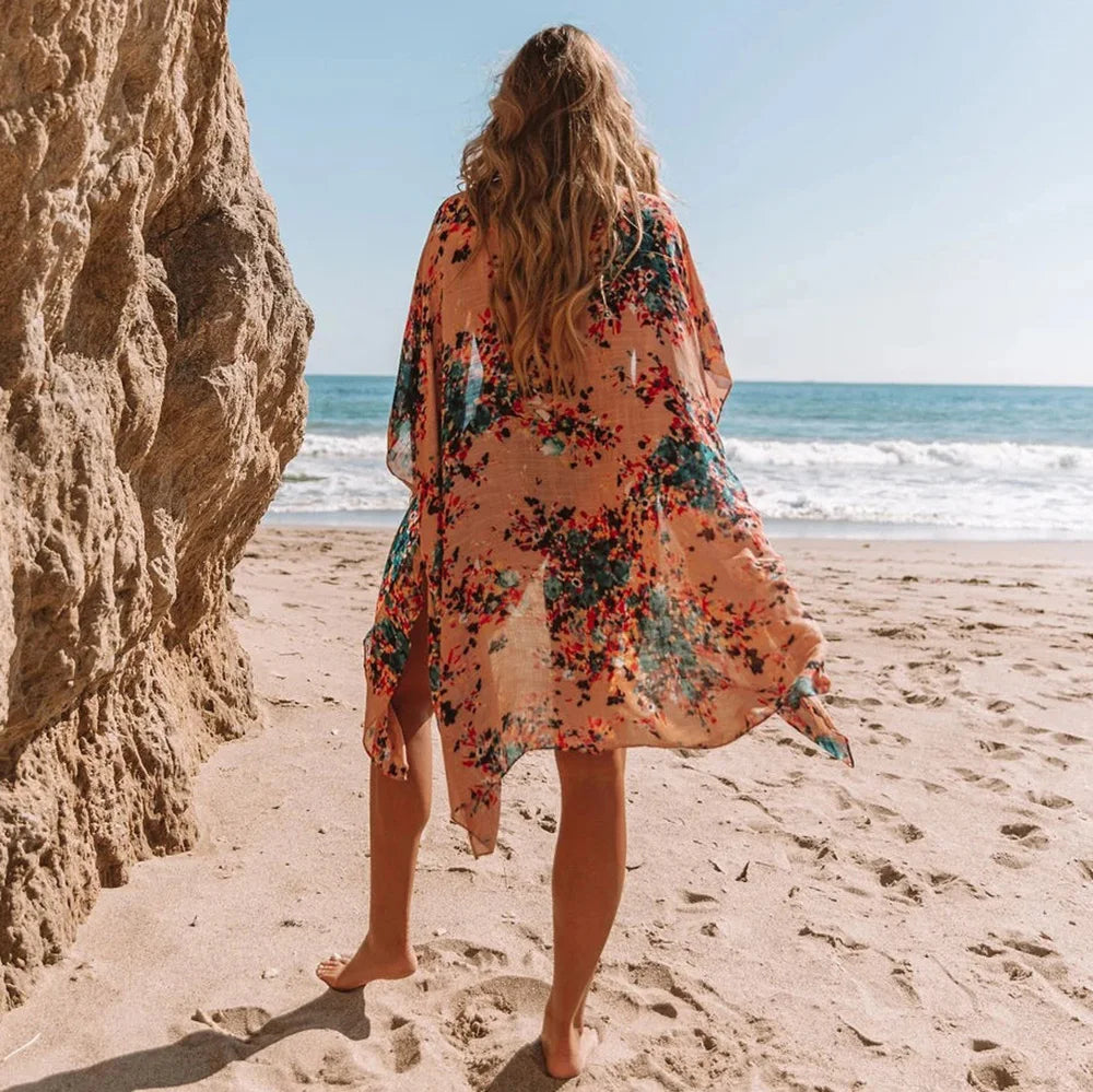 Boho Sexy Swimsuit Cover Up Beach Outing Fashion Print Bikini Cover-ups Kimono 2023 Women Beachwear Swimwear Pareo Woman Clothes
