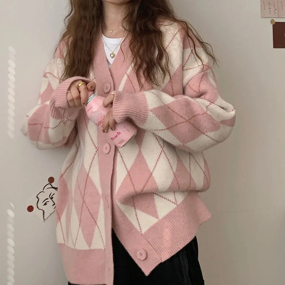 Argyle Cardigan Women Knitted Sweater Loose Single Breasted Students V-neck Lovely Knitwear Korean Oversize Cardigan Winter Tops
