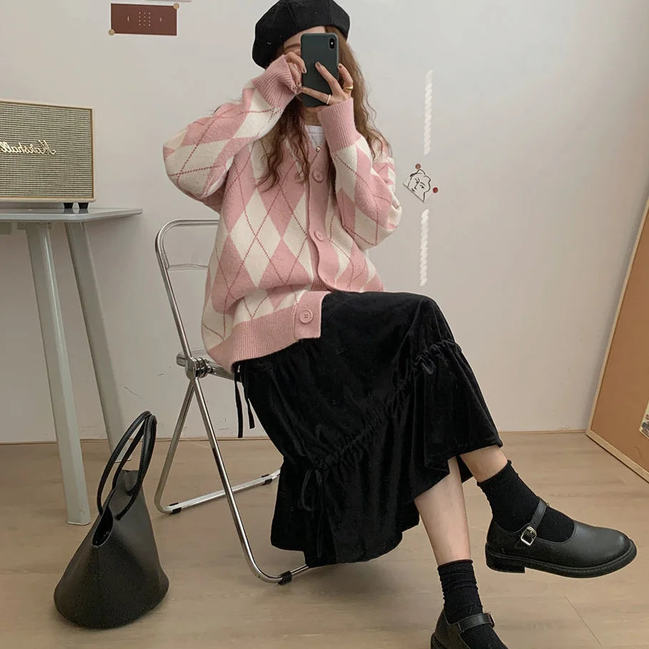 Argyle Cardigan Women Knitted Sweater Loose Single Breasted Students V-neck Lovely Knitwear Korean Oversize Cardigan Winter Tops
