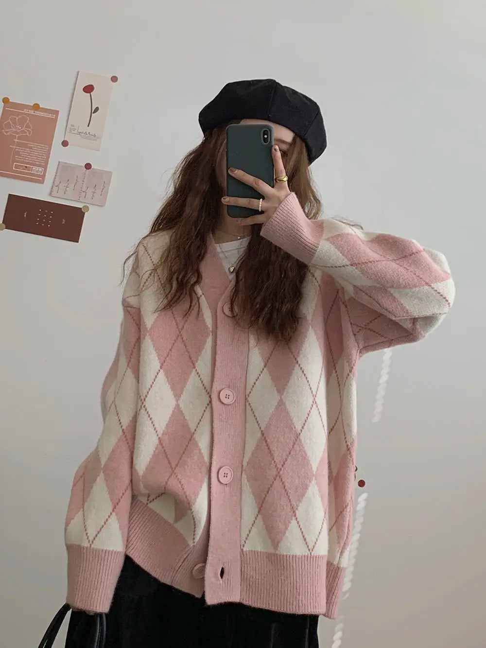 Argyle Cardigan Women Knitted Sweater Loose Single Breasted Students V-neck Lovely Knitwear Korean Oversize Cardigan Winter Tops
