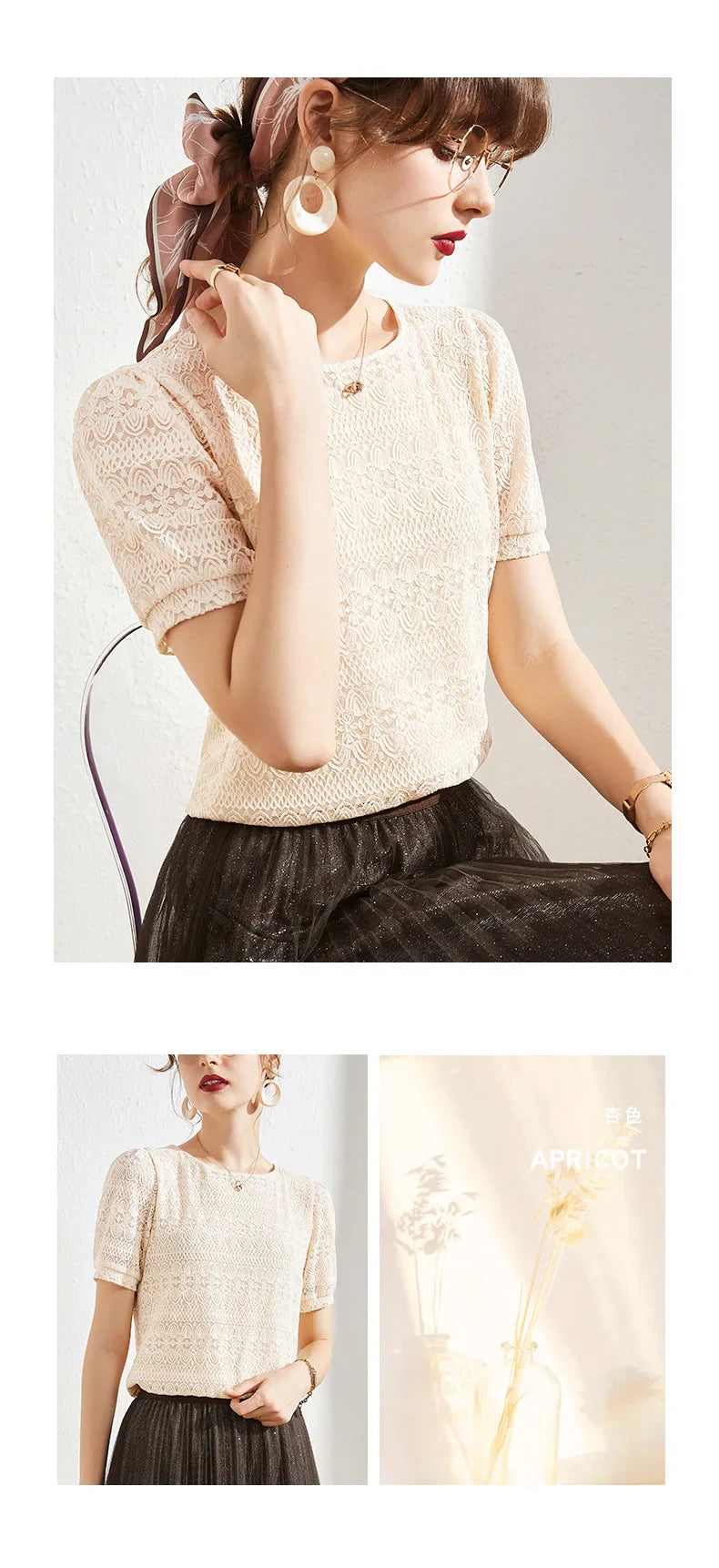 2023 Summer New Style Lace Shirt Women's Western Style Small Shirt Women Short-sleeved French Puff Sleeve Round Neck Top Women