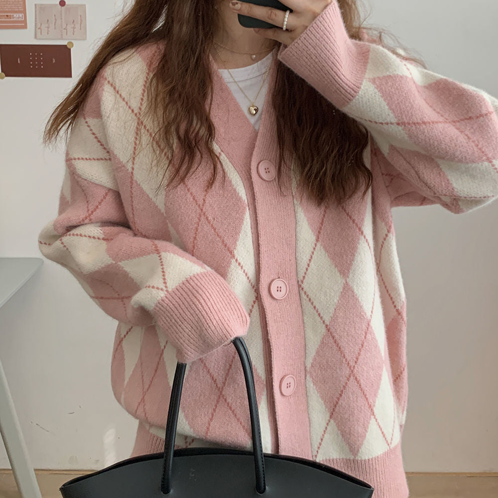Argyle Cardigan Women Knitted Sweater Loose Single Breasted Students V-neck Lovely Knitwear Korean Oversize Cardigan Winter Tops