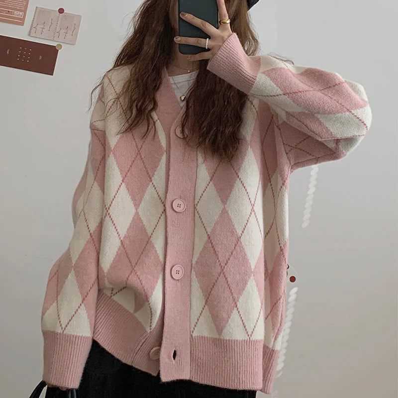 Argyle Cardigan Women Knitted Sweater Loose Single Breasted Students V-neck Lovely Knitwear Korean Oversize Cardigan Winter Tops