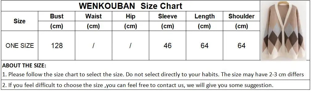 Argyle Cardigan Women Knitted Sweater Loose Single Breasted Students V-neck Lovely Knitwear Korean Oversize Cardigan Winter Tops