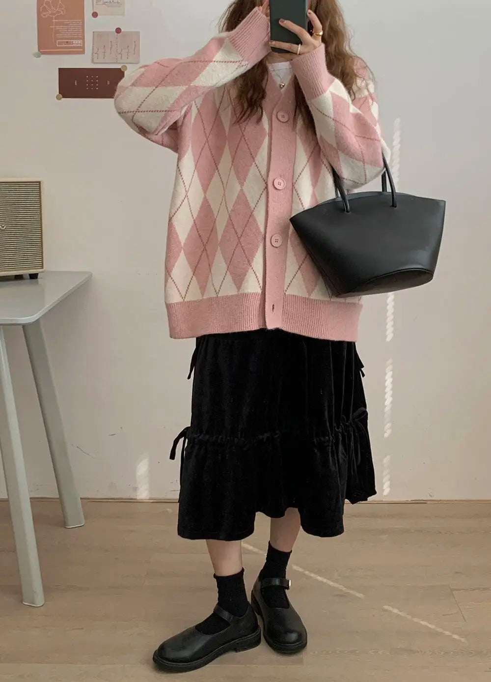 Argyle Cardigan Women Knitted Sweater Loose Single Breasted Students V-neck Lovely Knitwear Korean Oversize Cardigan Winter Tops