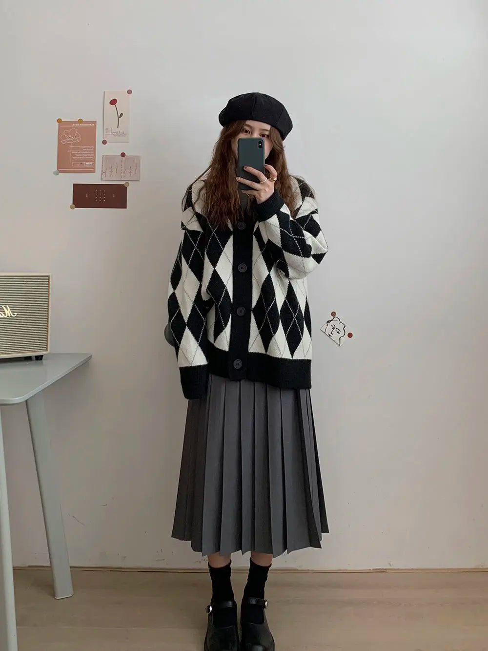 Argyle Cardigan Women Knitted Sweater Loose Single Breasted Students V-neck Lovely Knitwear Korean Oversize Cardigan Winter Tops