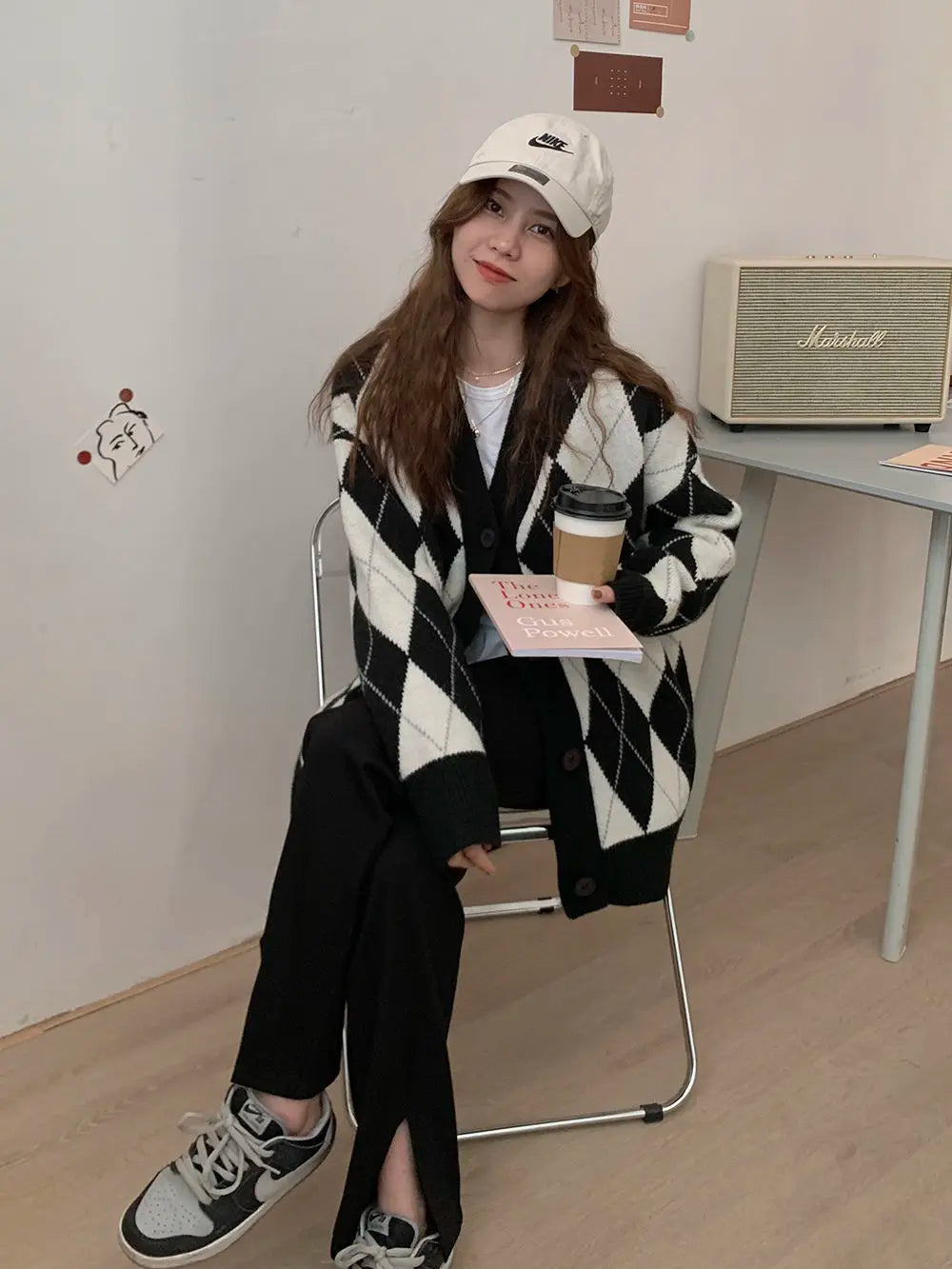 Argyle Cardigan Women Knitted Sweater Loose Single Breasted Students V-neck Lovely Knitwear Korean Oversize Cardigan Winter Tops