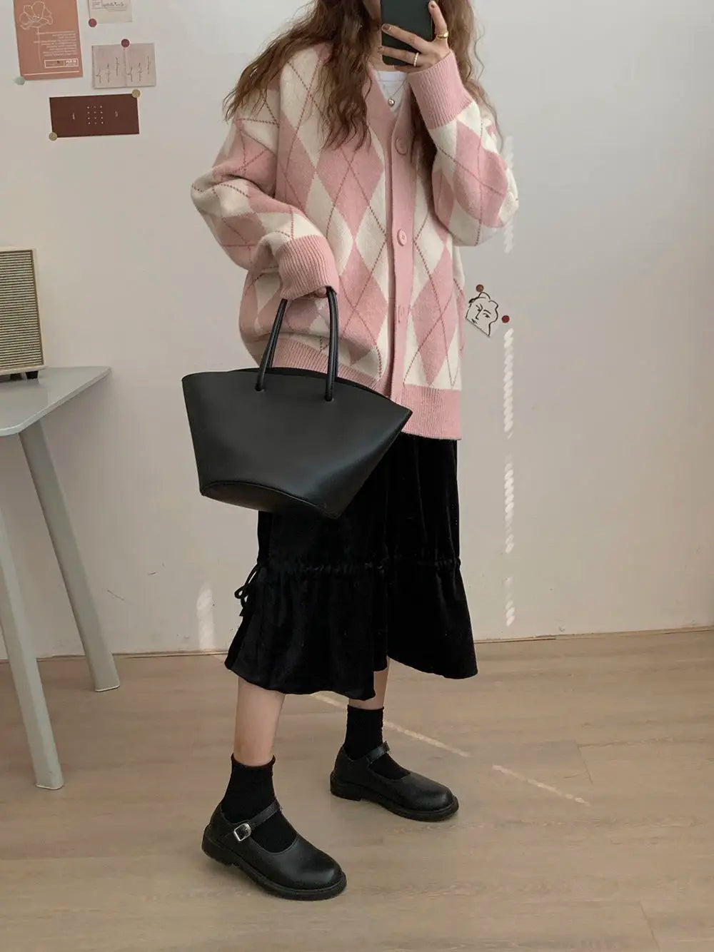 Argyle Cardigan Women Knitted Sweater Loose Single Breasted Students V-neck Lovely Knitwear Korean Oversize Cardigan Winter Tops