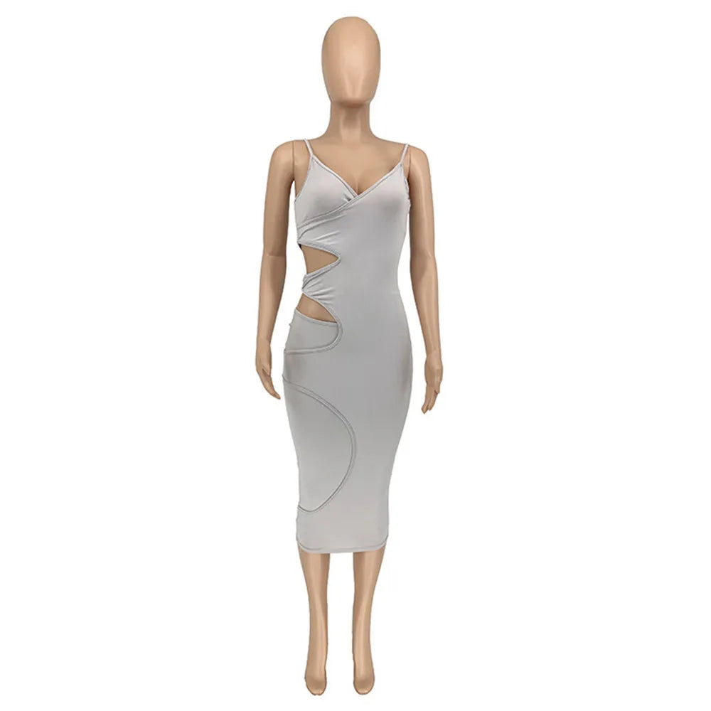 BKLD Bodycon Dress 2025 Summer Clothes For Women New Solid Color Spaghetti Strap V-Neck Sexy Club Outfits Hollow Out Midi Dress