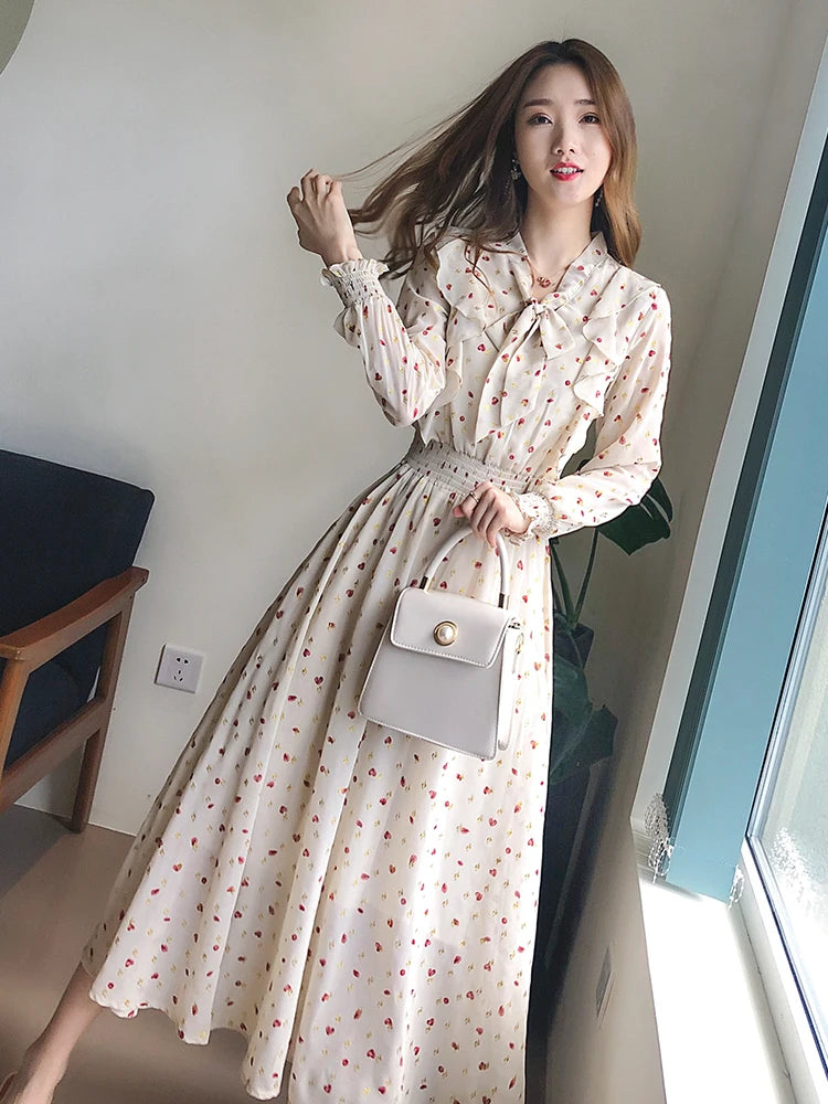 2021 Autumn Dress Women V Neck Bow Tie Chiffon Floral Dresses Elegant French Style Slim Waist Hearts Printed Long Sleeve Dresses