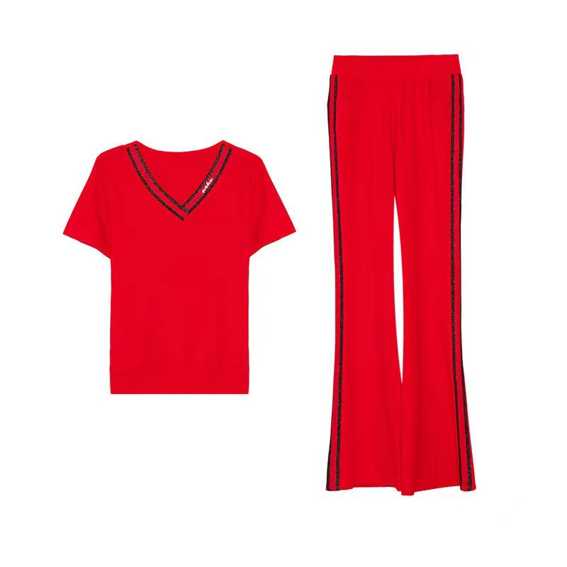 2022 new short sleeve V-neck T-shirt fashion casual wear two piece suit sports micro flared pants suit